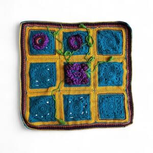 Handmade Crochet Granny Square Art Panel Fiber Art 32x32 Floral 3D Applique Yarn